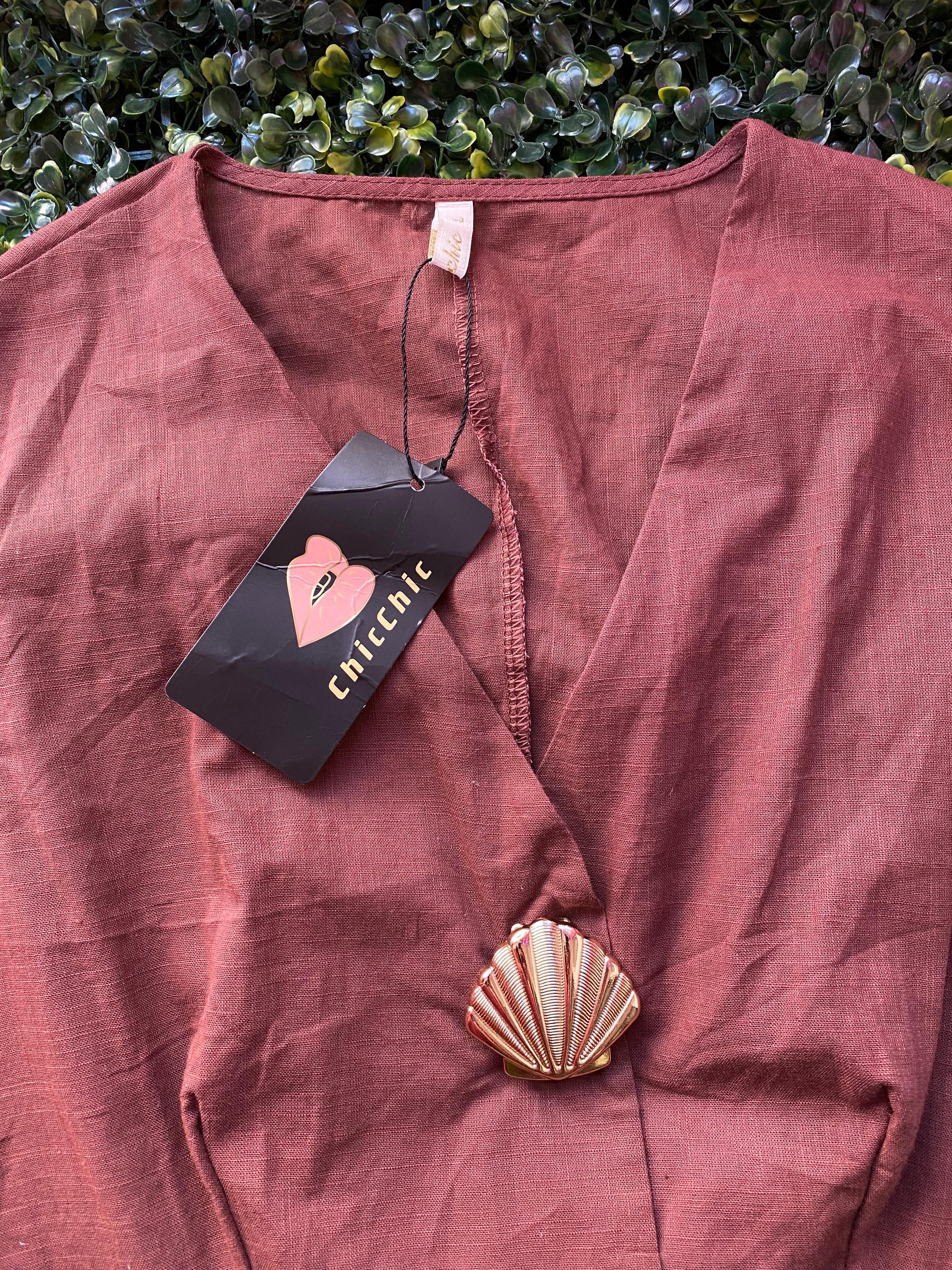 Brown Linen-Look Two-Piece Vest & Shorts Set