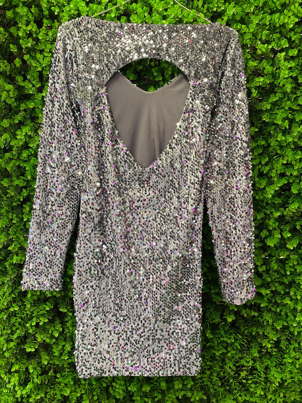 Silver Sequin Long Sleeve Mini Dress