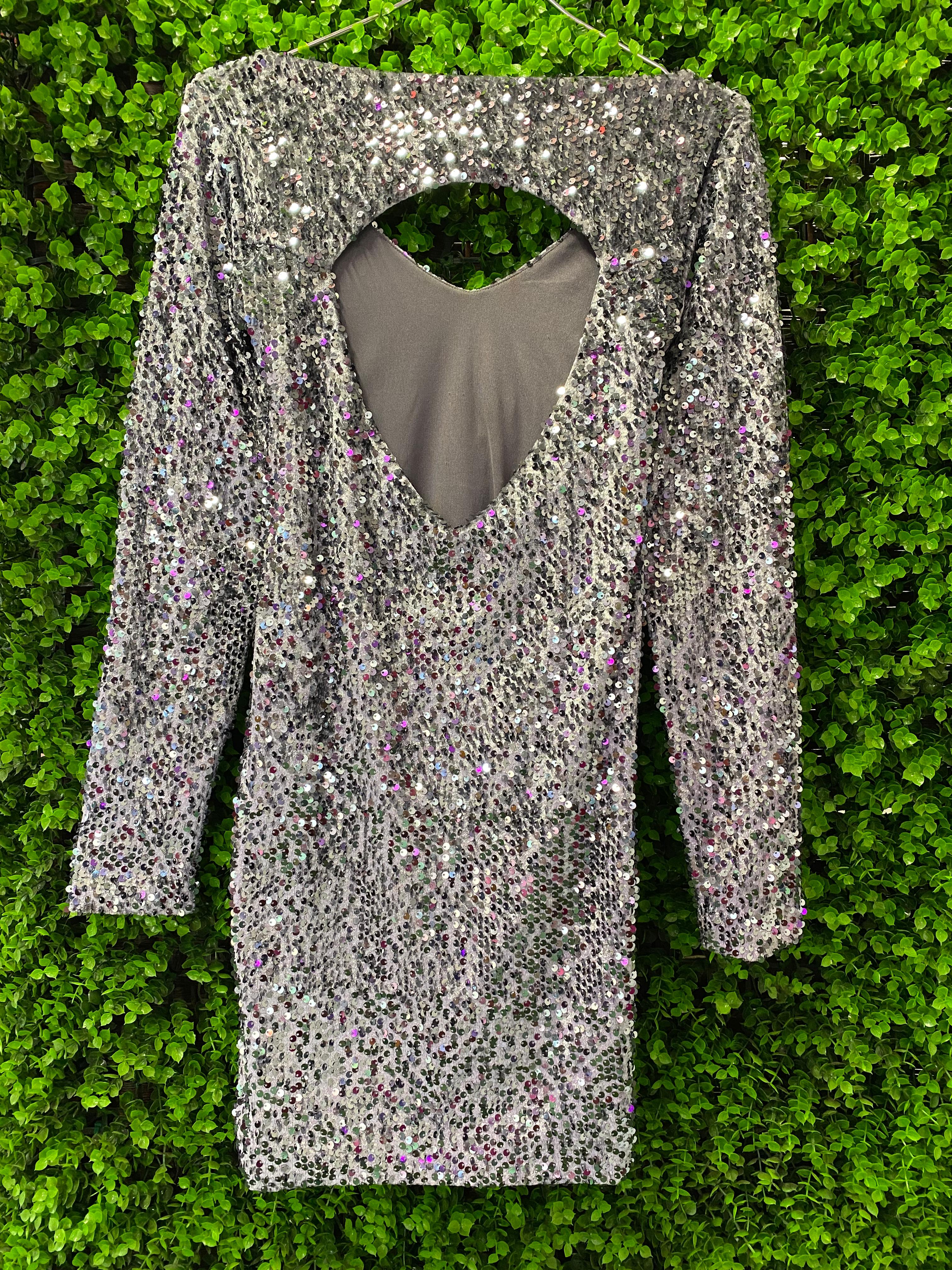 Silver Sequin Long Sleeve Mini Dress