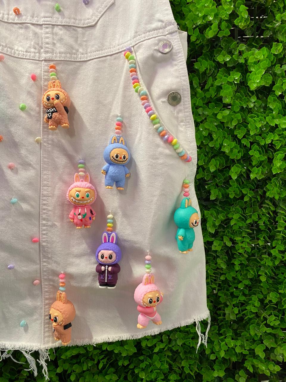One-of-a-Kind Labubu Embellished Denim Pinafore Dress