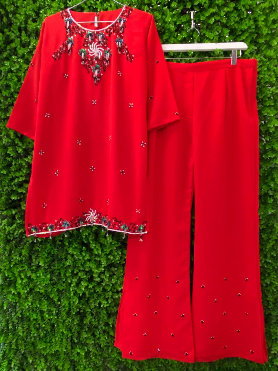 Red Embellished Three-Piece Tunic, Trouser and Scarf Set