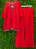 Red Embellished Three-Piece Tunic, Trouser and Scarf Set