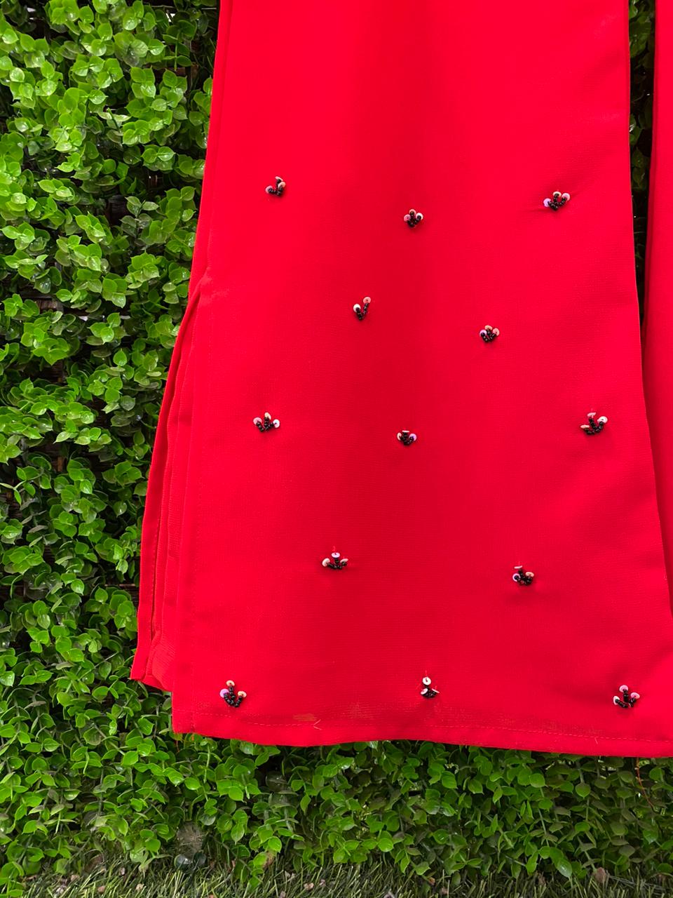 Red Embellished Three-Piece Tunic, Trouser and Scarf Set