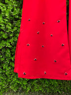 Red Embellished Three-Piece Tunic, Trouser and Scarf Set