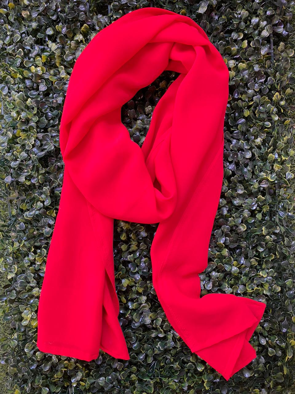 Red Embellished Three-Piece Tunic, Trouser and Scarf Set
