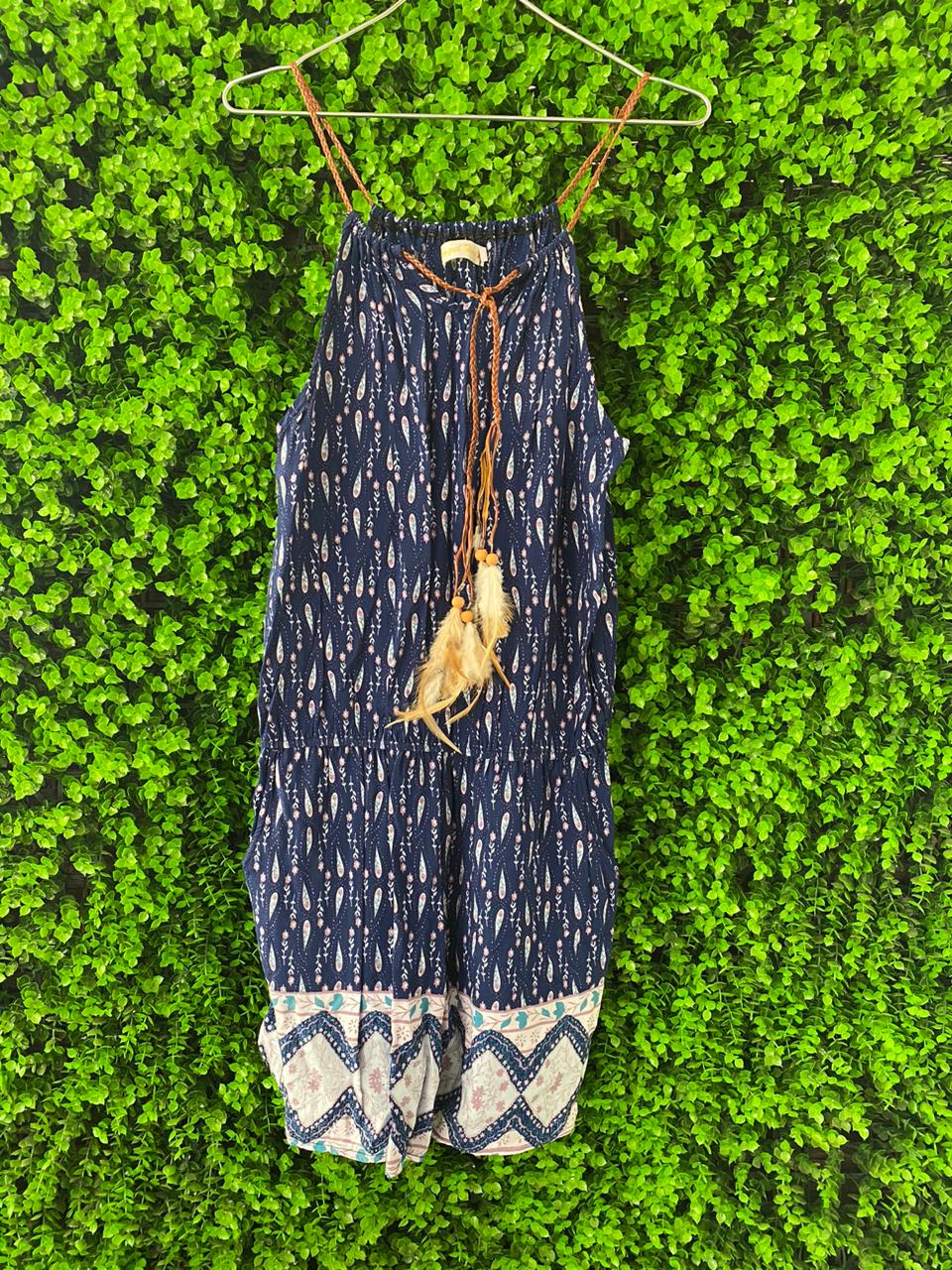 Navy Boho Print Jumpsuit with Pockets