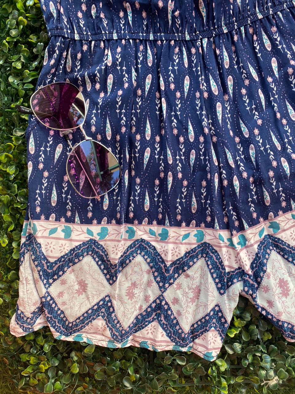 Navy Boho Print Jumpsuit with Pockets