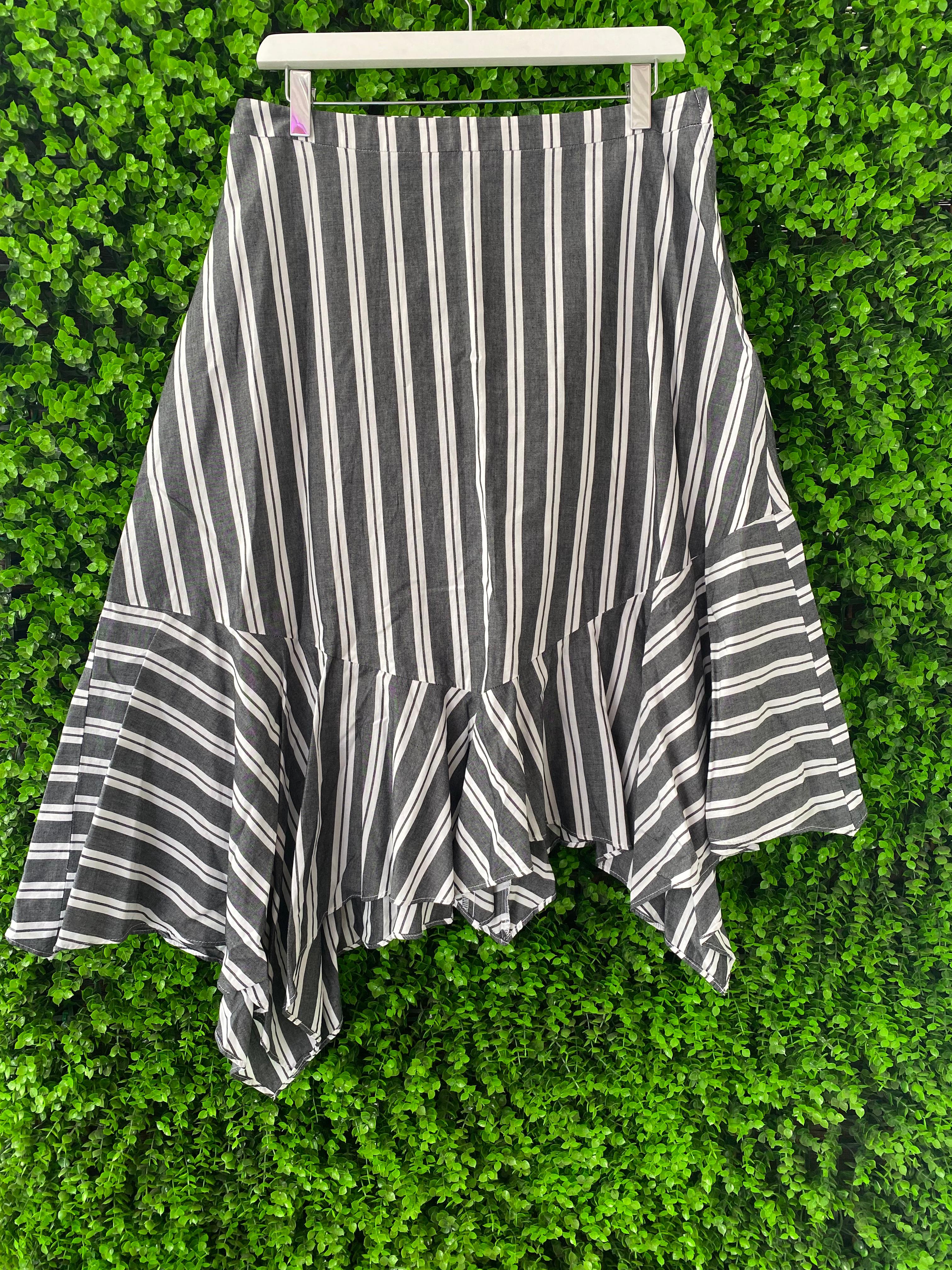 Black and White Striped Asymmetrical Midi Skirt
