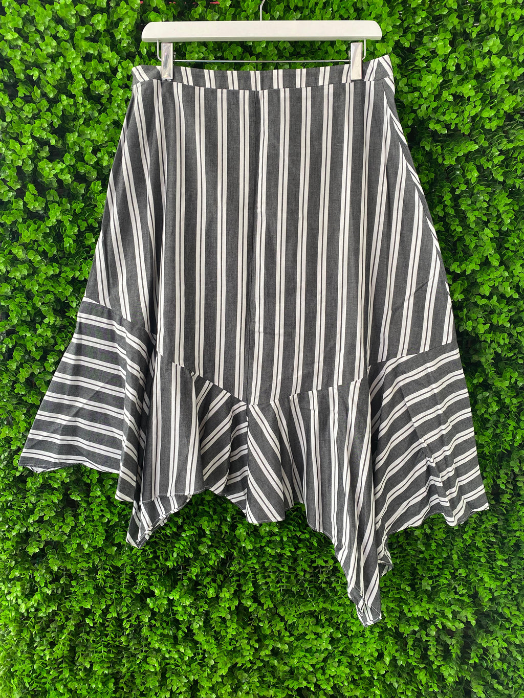 Black and White Striped Asymmetrical Midi Skirt