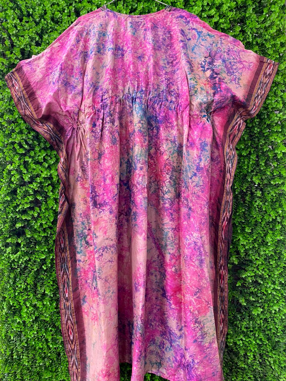 Pink Abstract Floral Silk Kaftan Maxi Dress