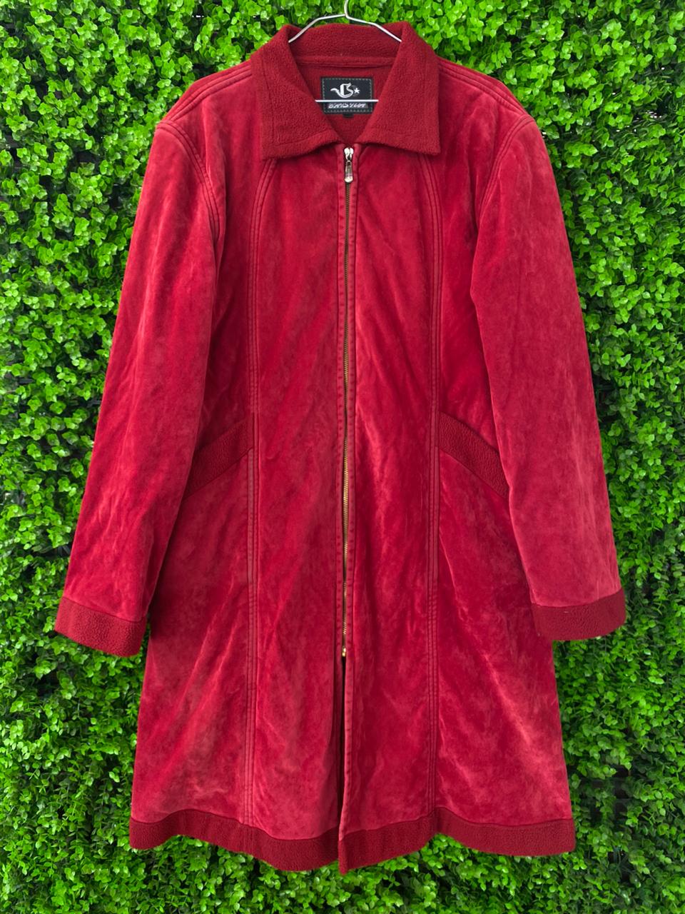Deep Red Suede-Effect Longline Coat