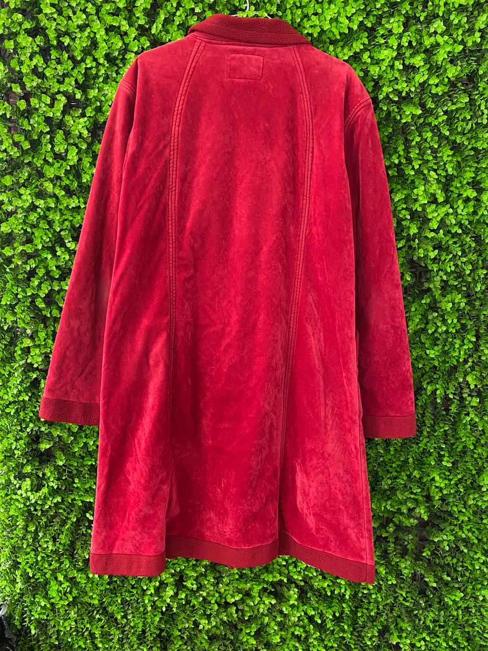 Deep Red Suede-Effect Longline Coat
