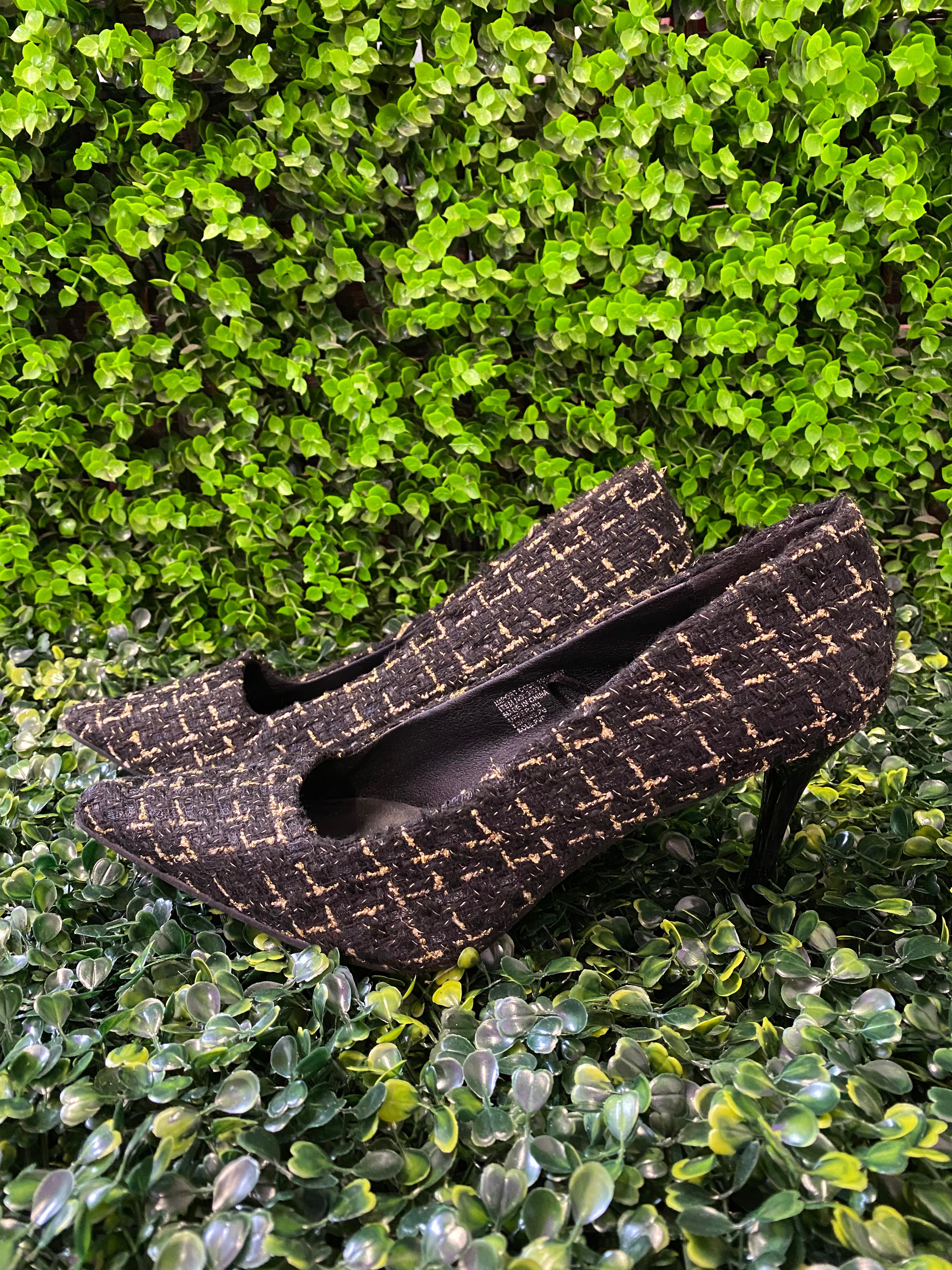 Miss L Black & Gold Tweed Pointed Heels