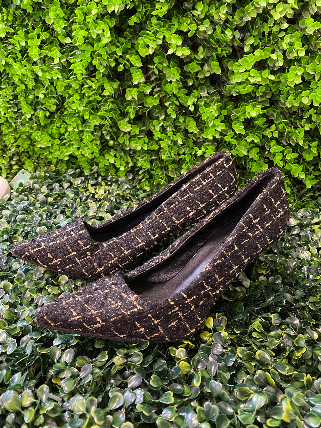 Miss L Black & Gold Tweed Pointed Heels