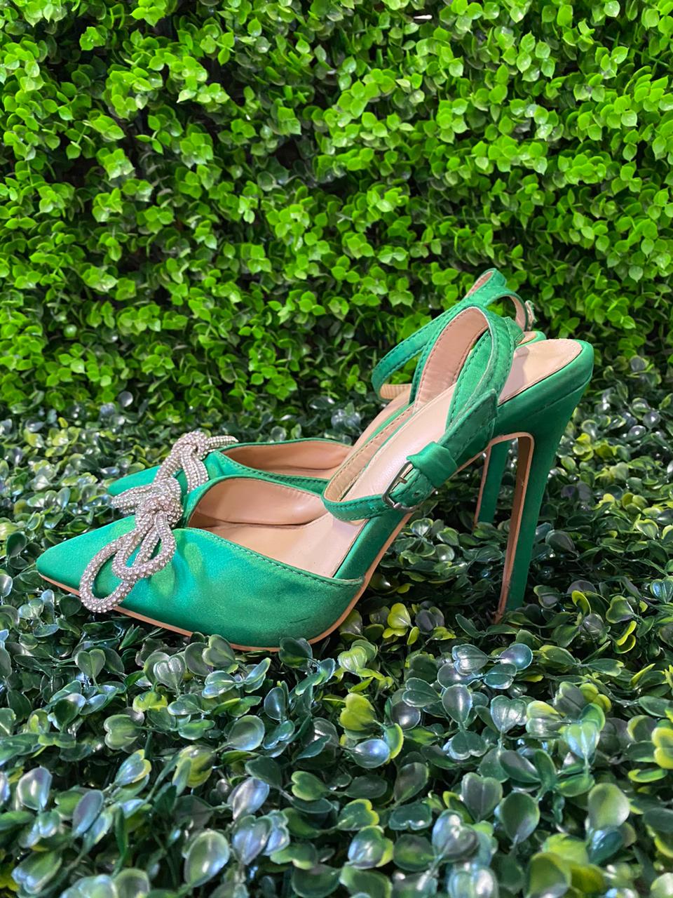Miss Black Green Satin Bow Heels