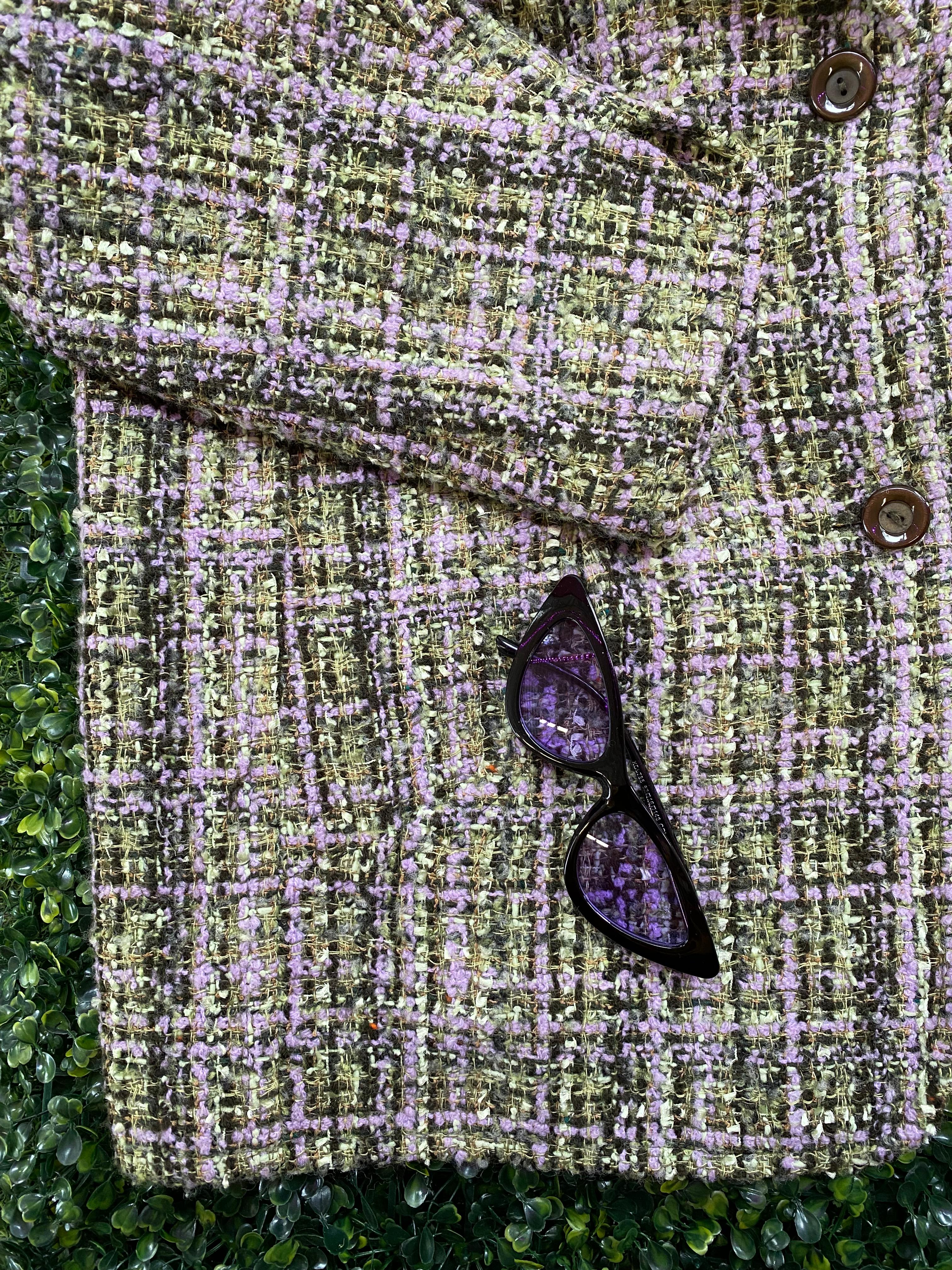 Lilac and Olive Bouclé Blazer with Pockets