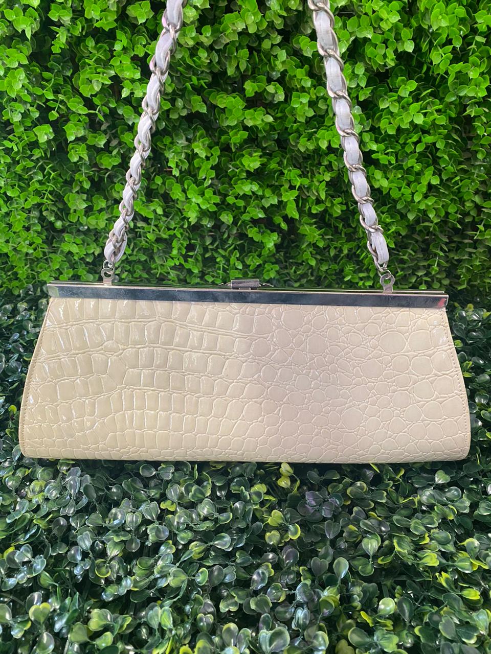 Cream Croc-Effect Evening Clutch Bag