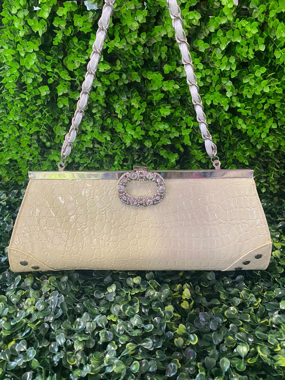 Cream Croc-Effect Evening Clutch Bag