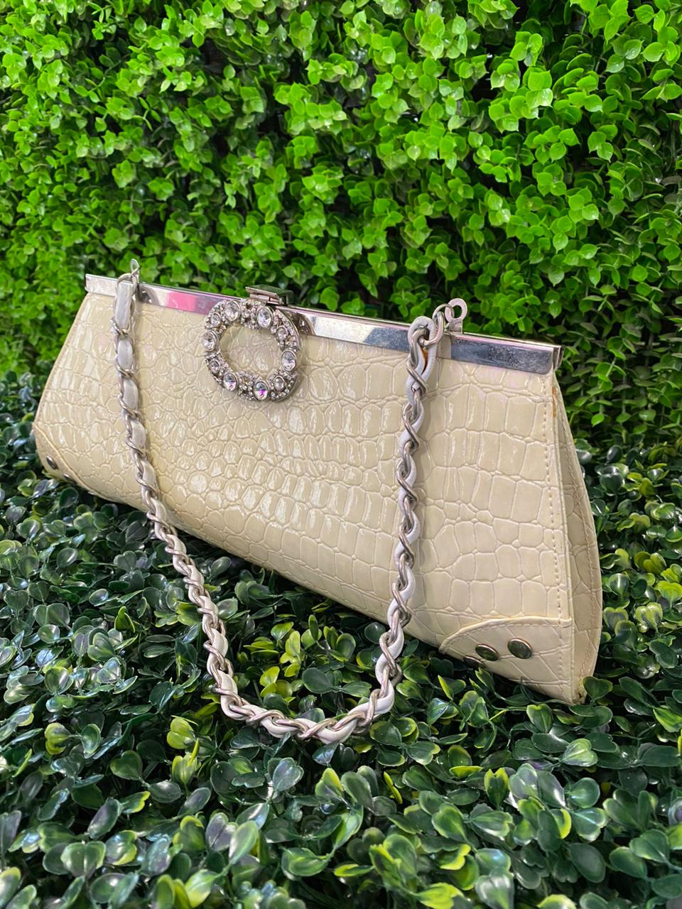 Cream Croc-Effect Evening Clutch Bag
