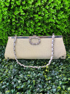 Cream Croc-Effect Evening Clutch Bag
