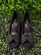 Black Embellished Peep-Toe Heels