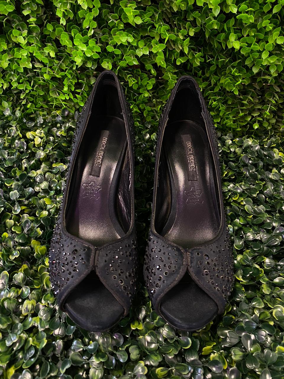 Black Embellished Peep-Toe Heels