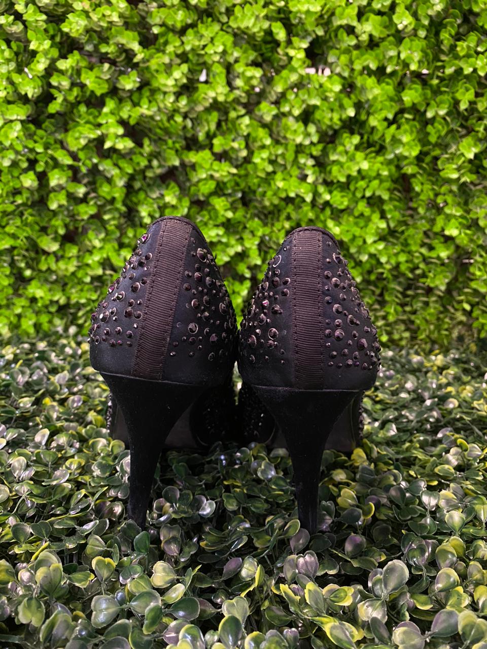 Black Embellished Peep-Toe Heels