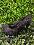 Black Embellished Peep-Toe Heels