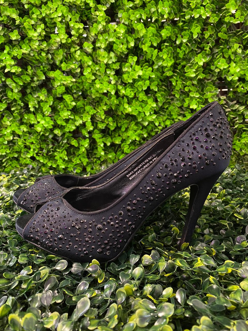 Black Embellished Peep-Toe Heels