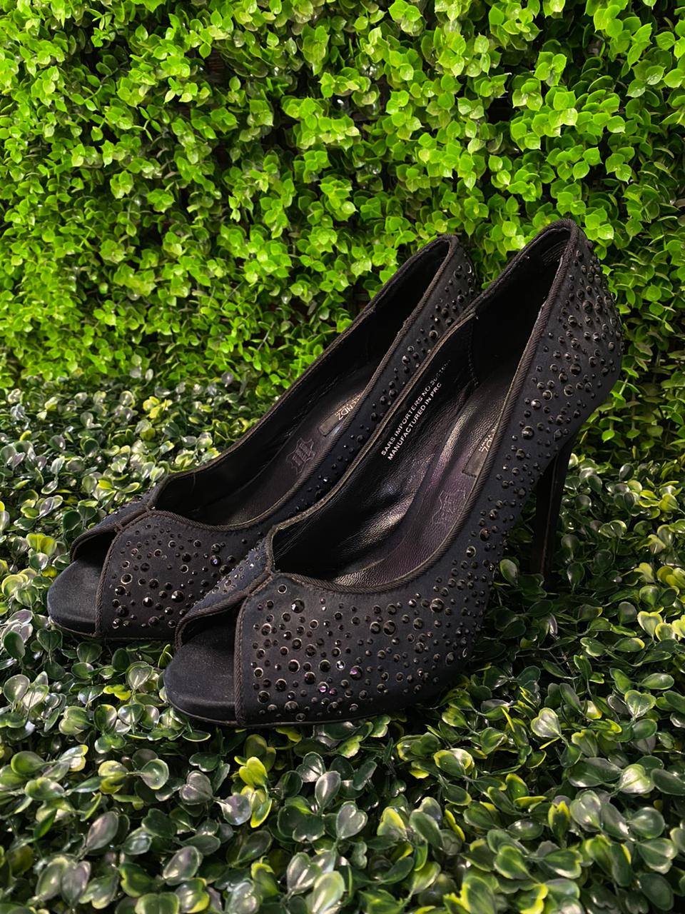 Black Embellished Peep-Toe Heels