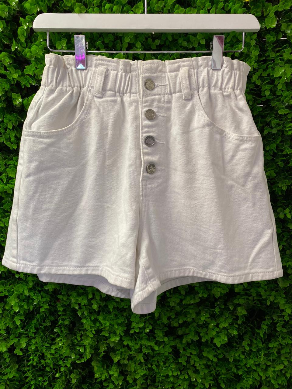 White Paperbag-Waist Denim Shorts