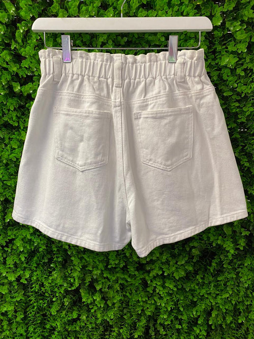 White Paperbag-Waist Denim Shorts