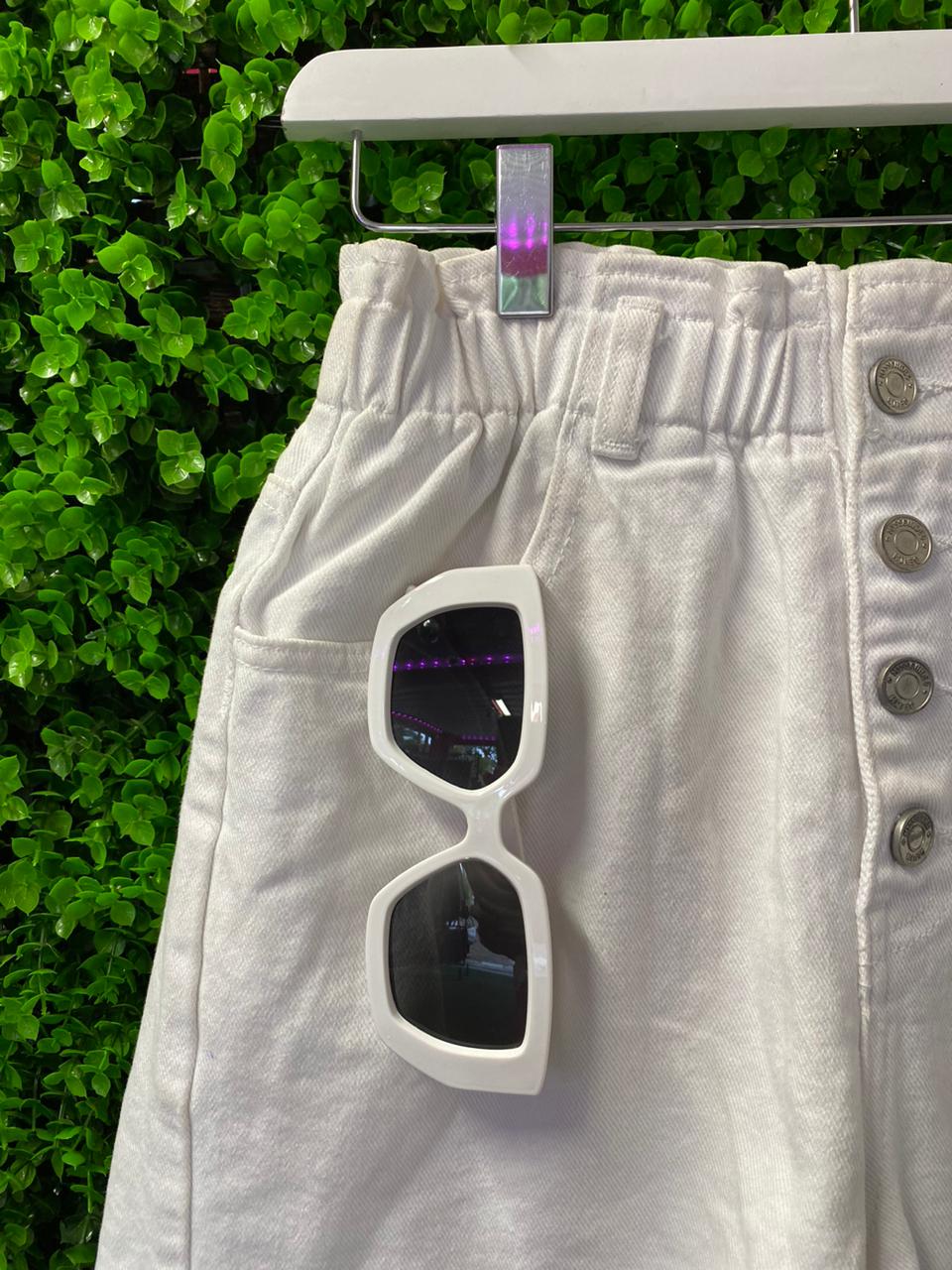 White Paperbag-Waist Denim Shorts