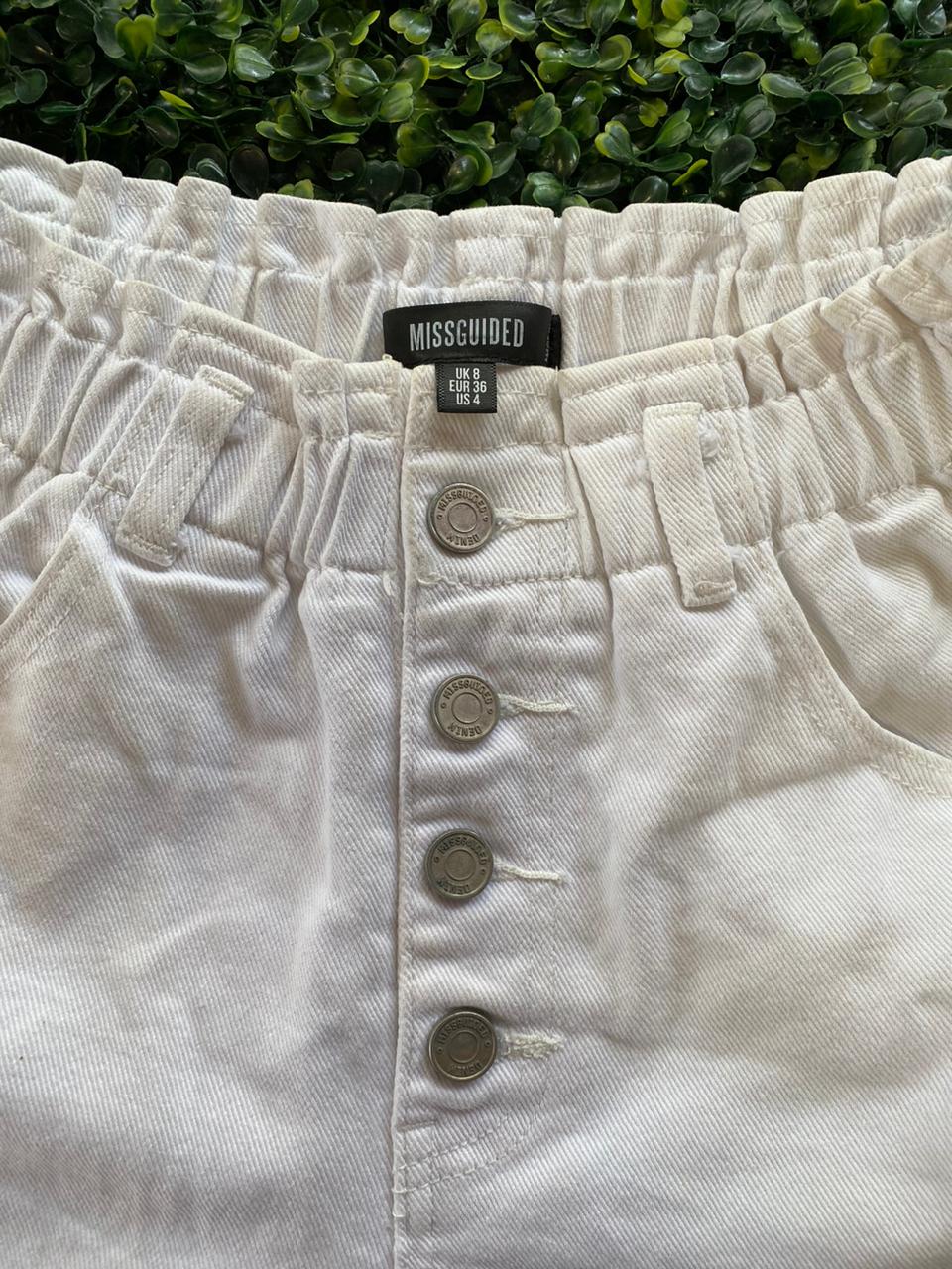 White Paperbag-Waist Denim Shorts