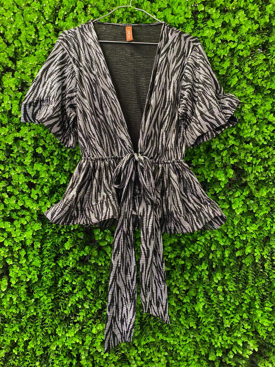 Amber Zebra Print Metallic Wrap Top