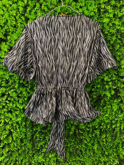 Amber Zebra Print Metallic Wrap Top