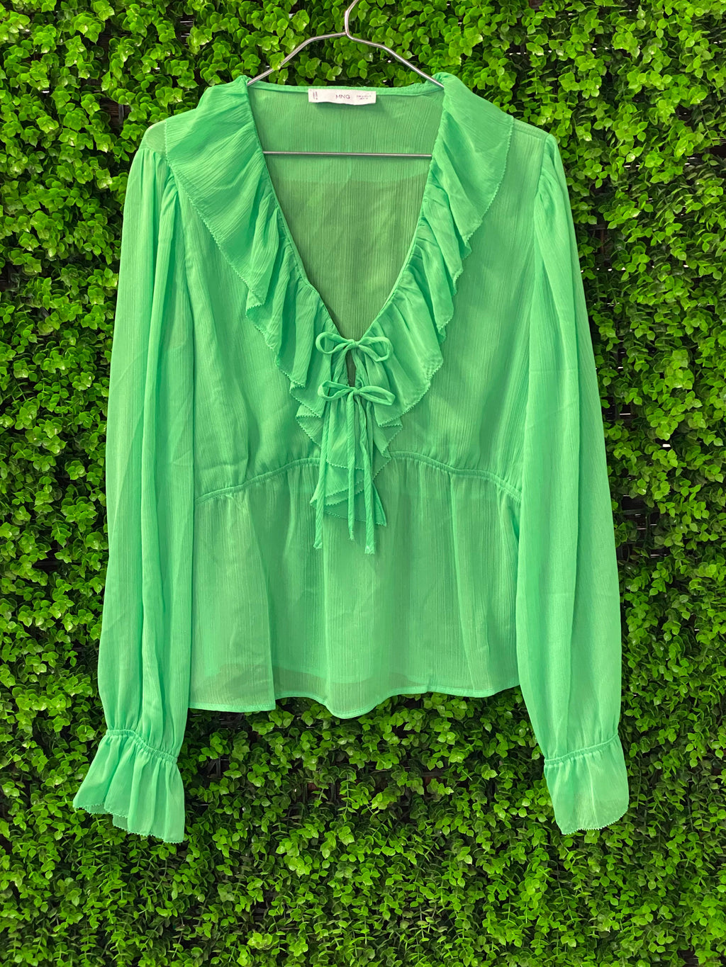 Mango Green Ruffle Tie-Front Blouse
