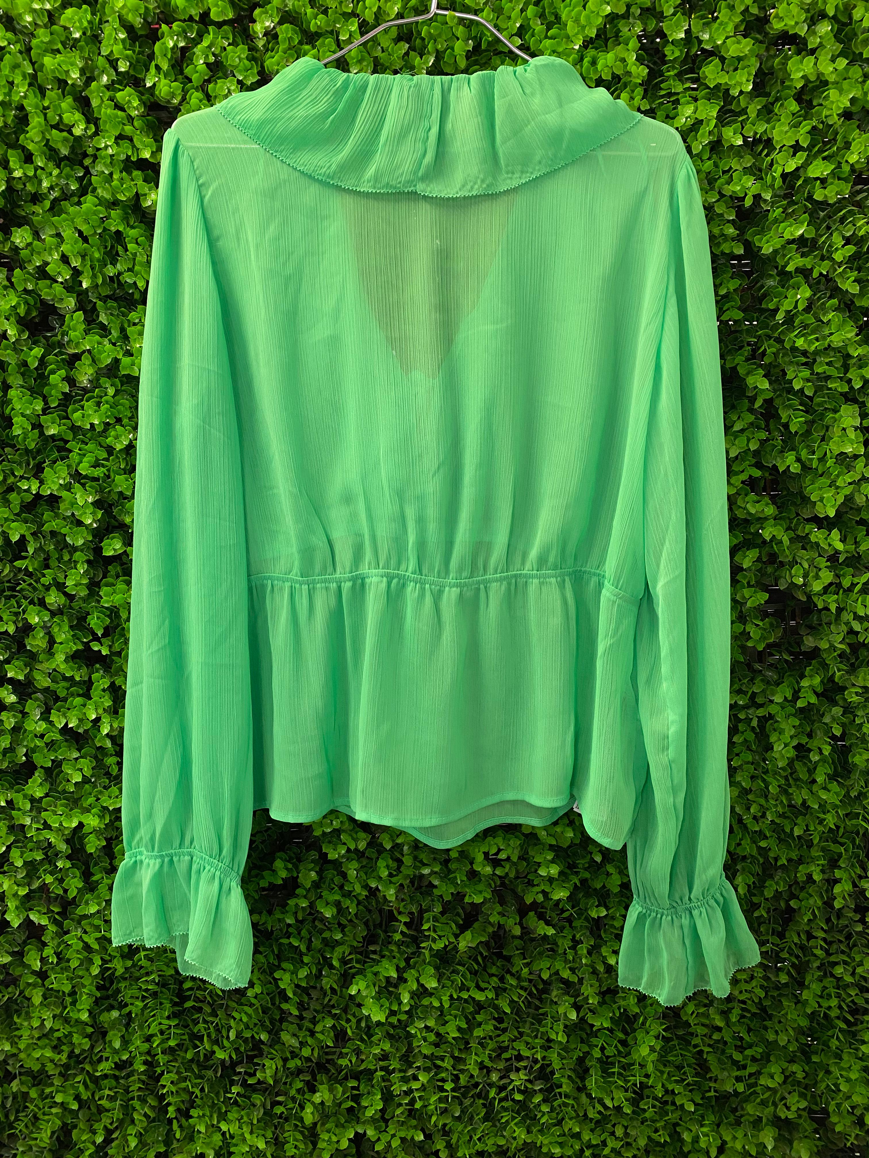 Mango Green Ruffle Tie-Front Blouse