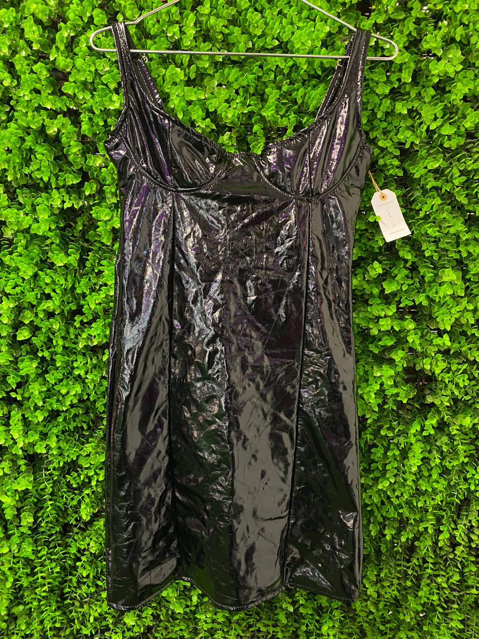 Unseen Black Patent-Effect Bustier Midi Dress