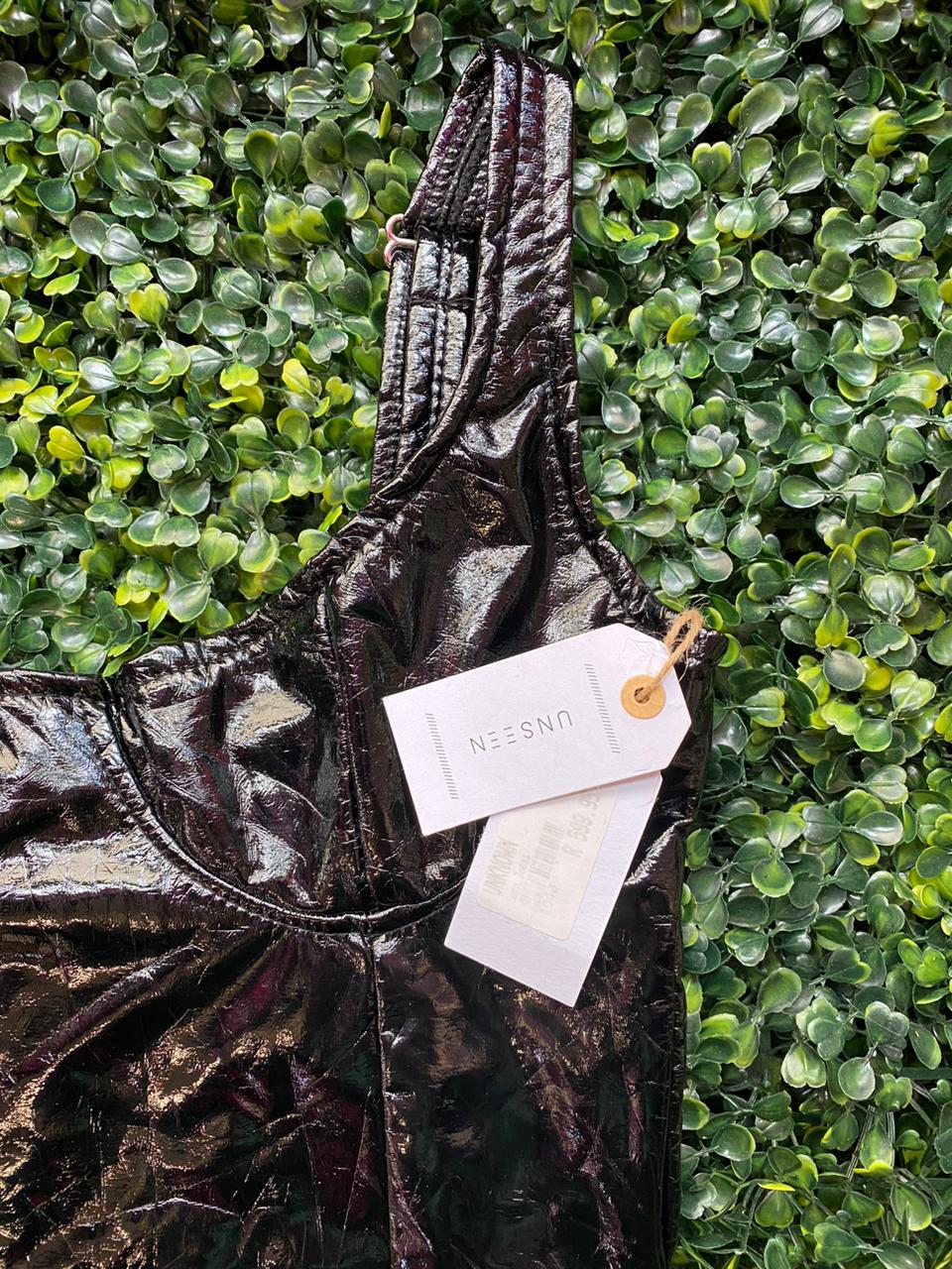 Unseen Black Patent-Effect Bustier Midi Dress