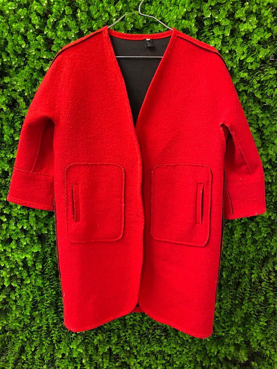 VAVE.O.E Red Statement Coat with Graphic Appliqué