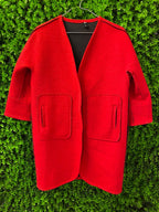 VAVE.O.E Red Statement Coat with Graphic Appliqué