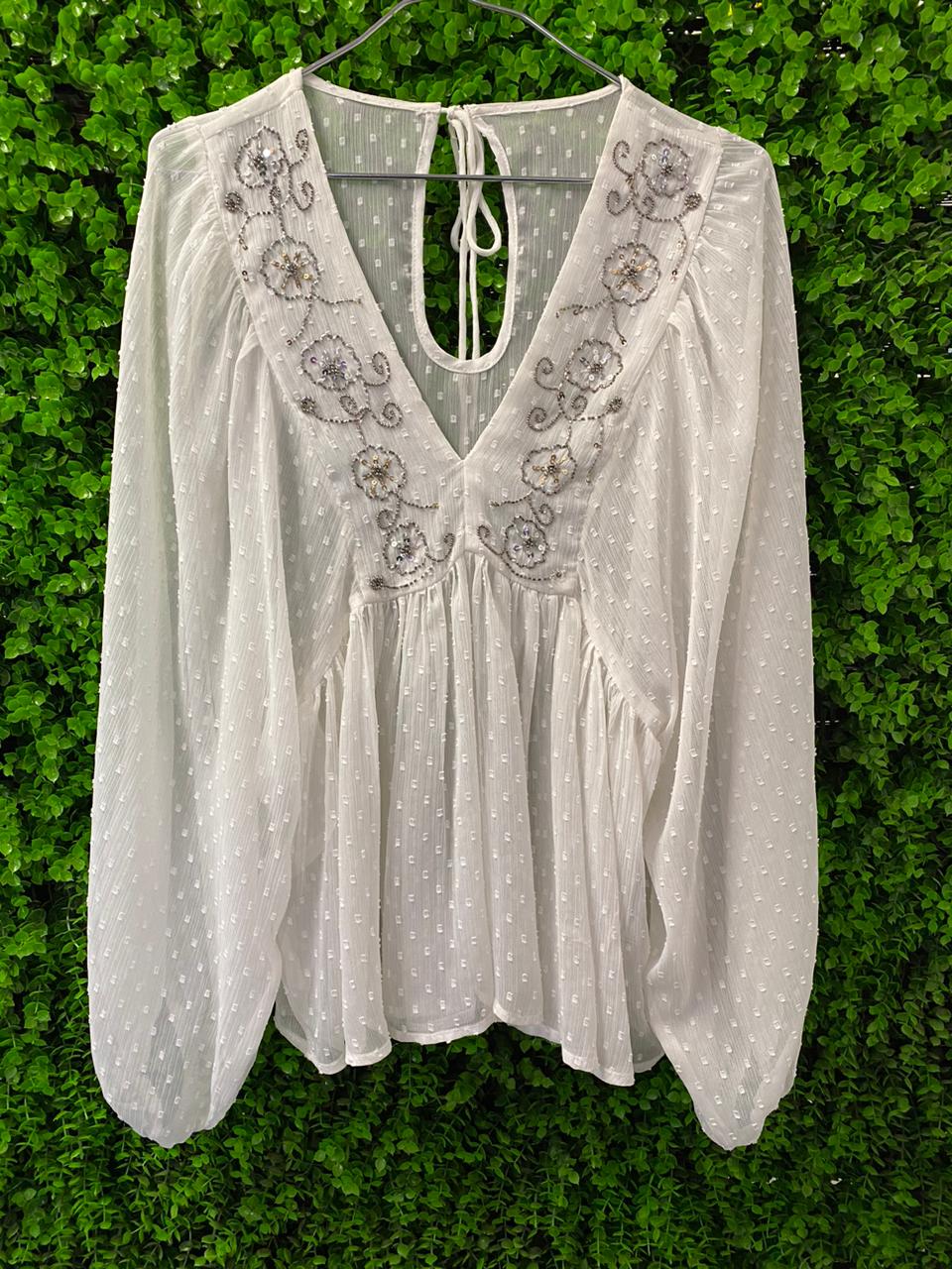 White Embellished Boho Blouse