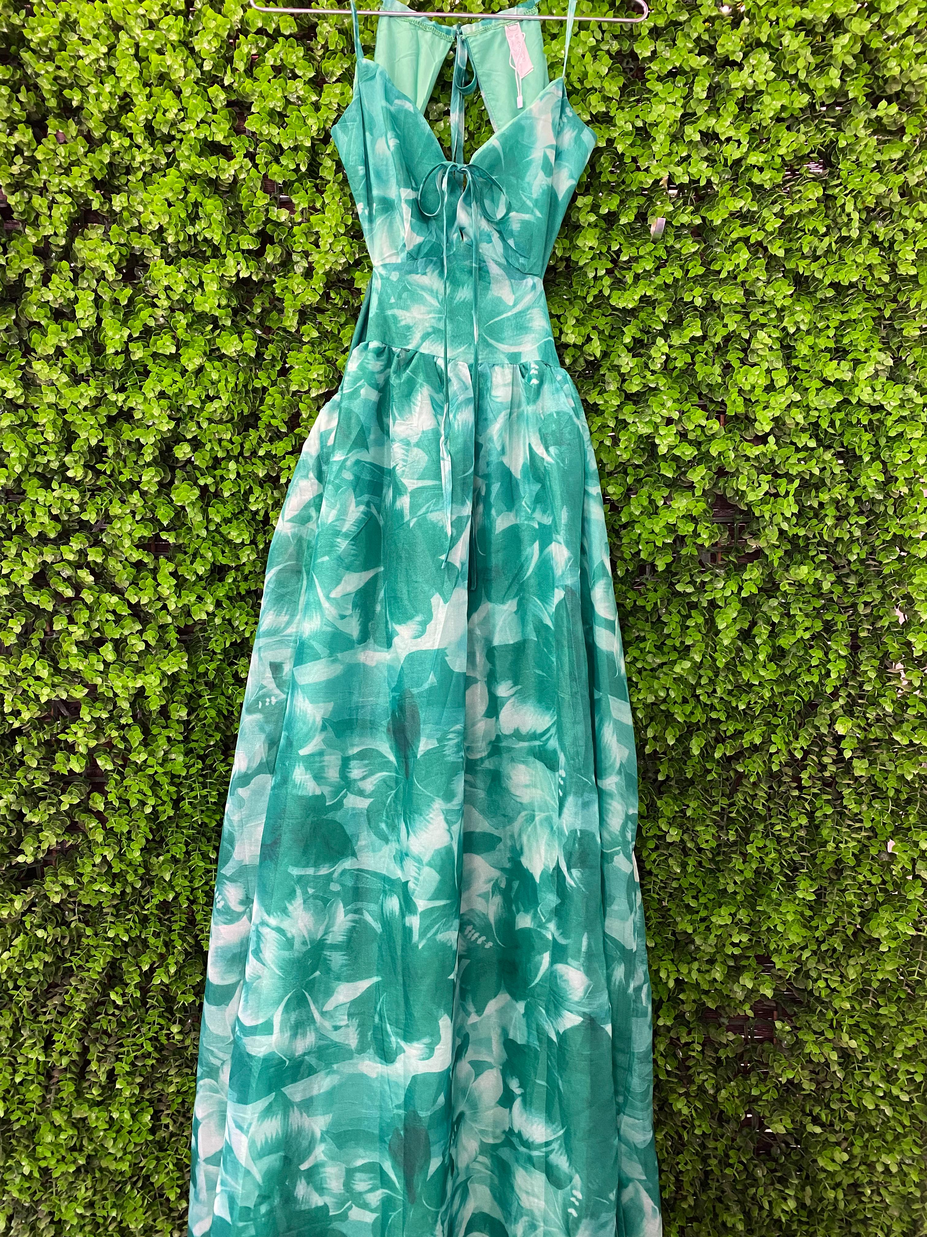 Teal Floral Halter-Neck Maxi Dress