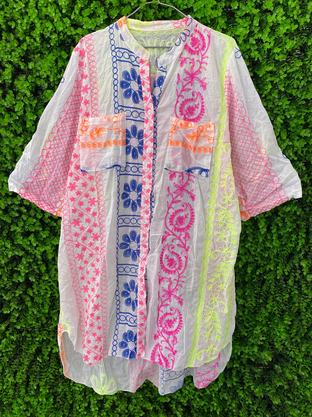 Multicolour Embroidered Cotton Longline Shirt Dress