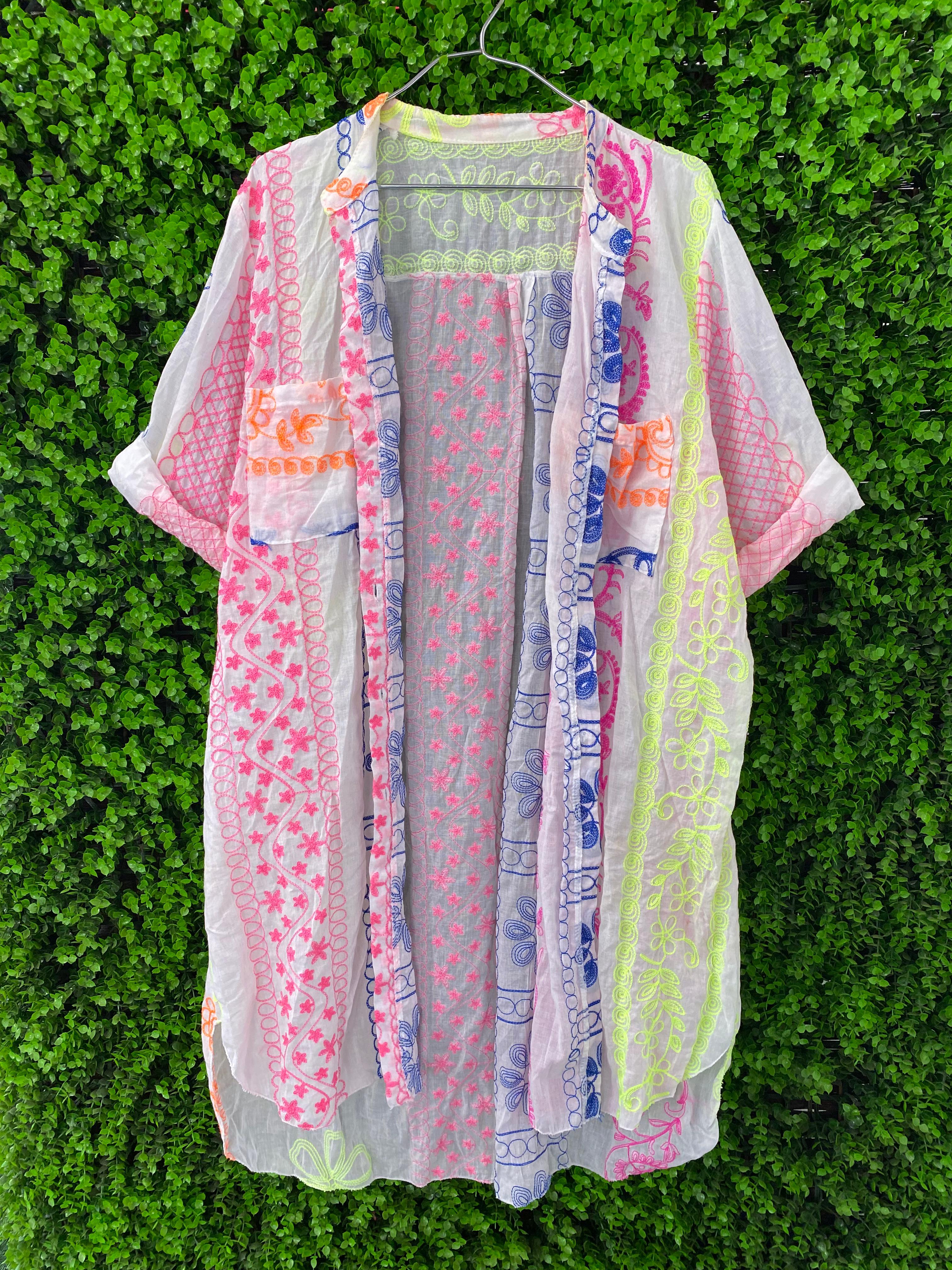 Multicolour Embroidered Cotton Longline Shirt Dress