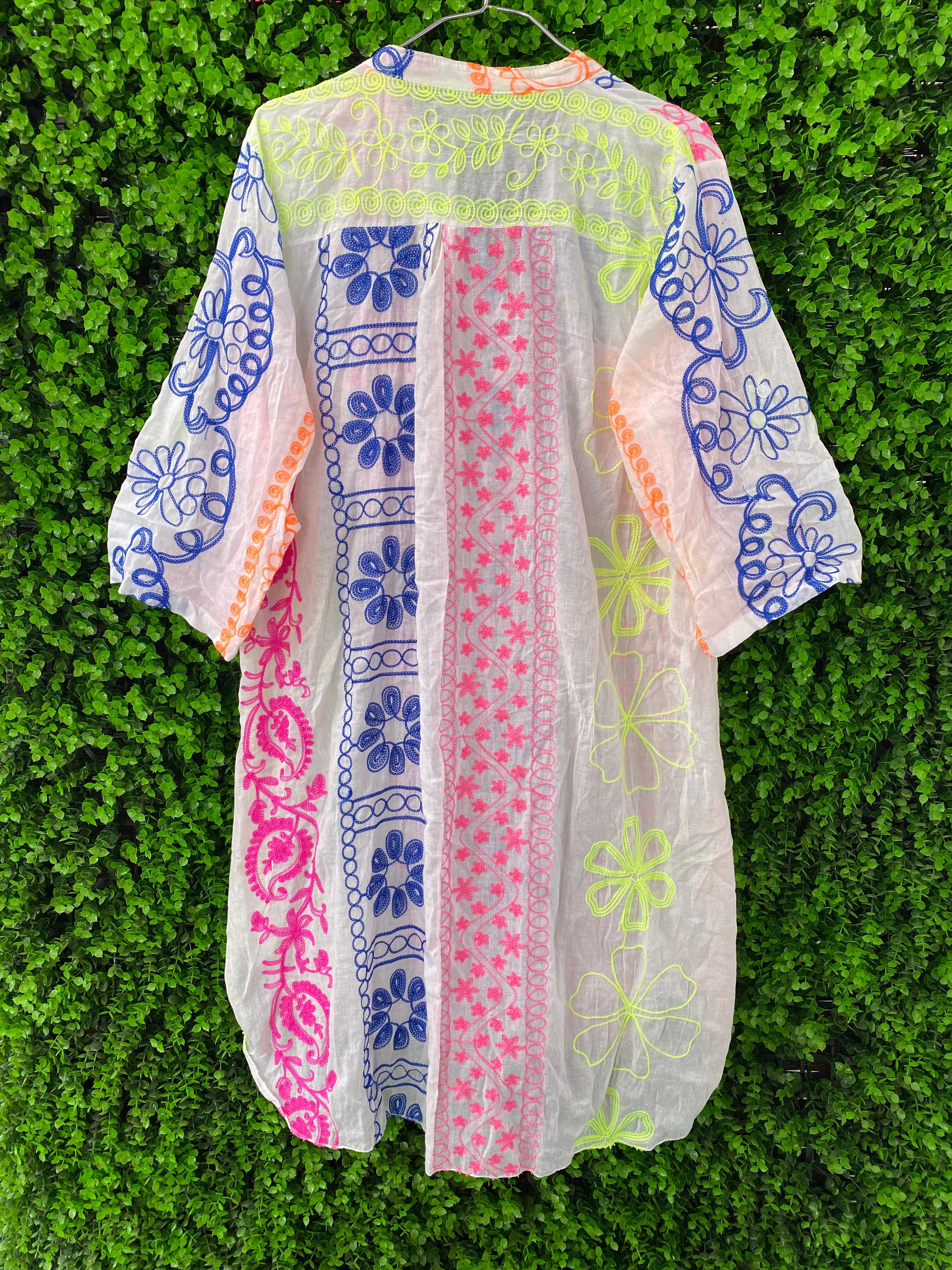 Multicolour Embroidered Cotton Longline Shirt Dress