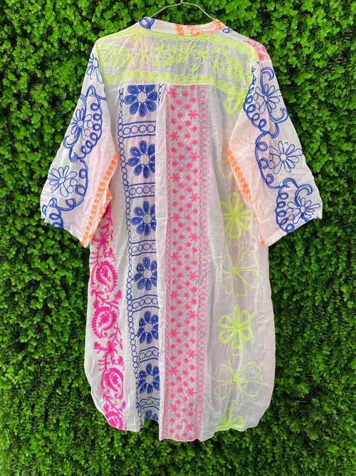 Multicolour Embroidered Cotton Longline Shirt Dress