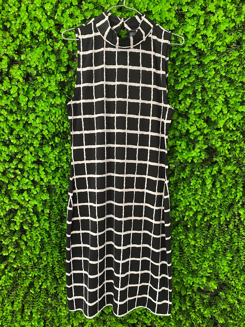 Revenge Black and Ivory Grid-Print Midi Dress