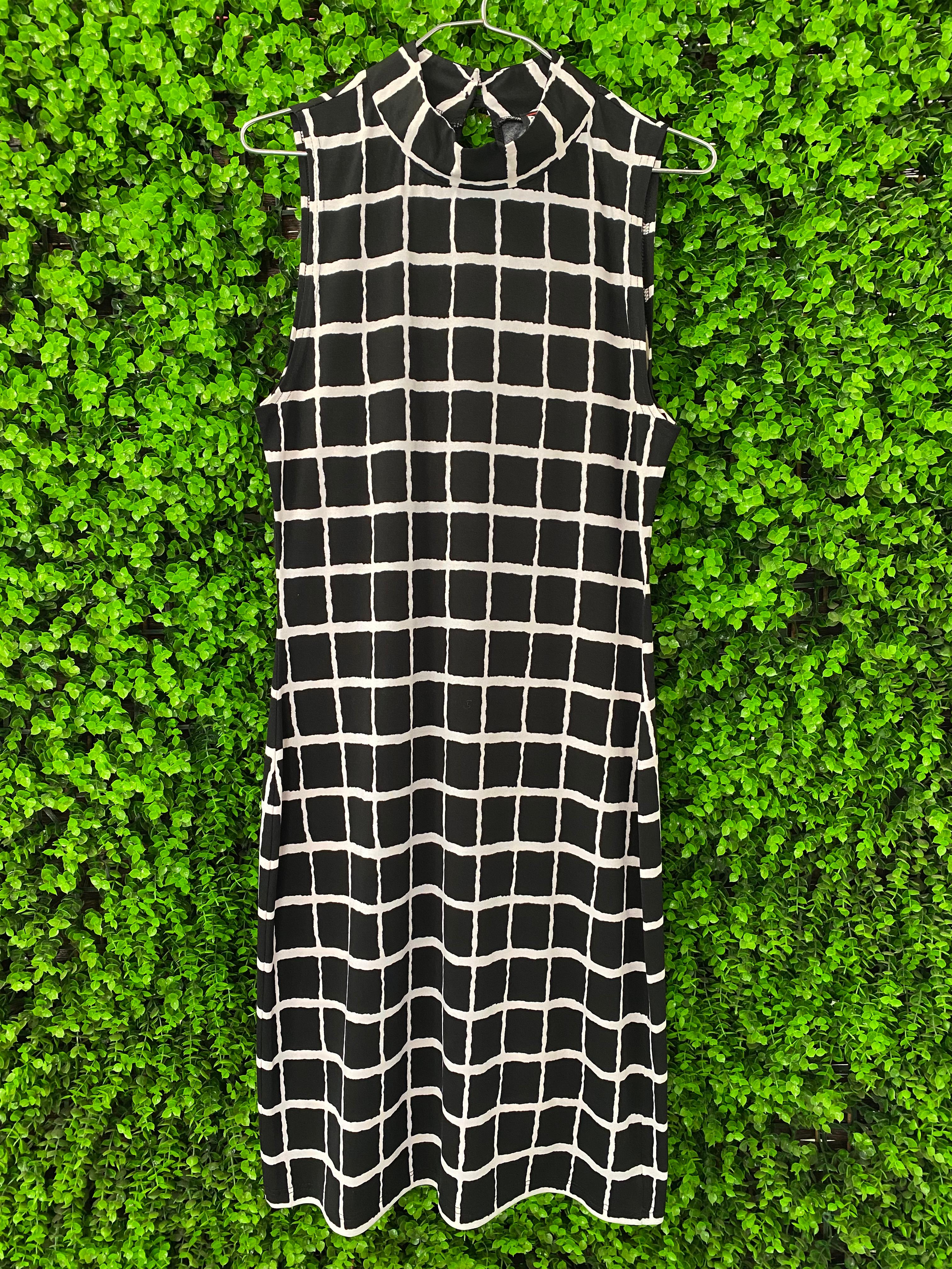 Revenge Black and Ivory Grid-Print Midi Dress